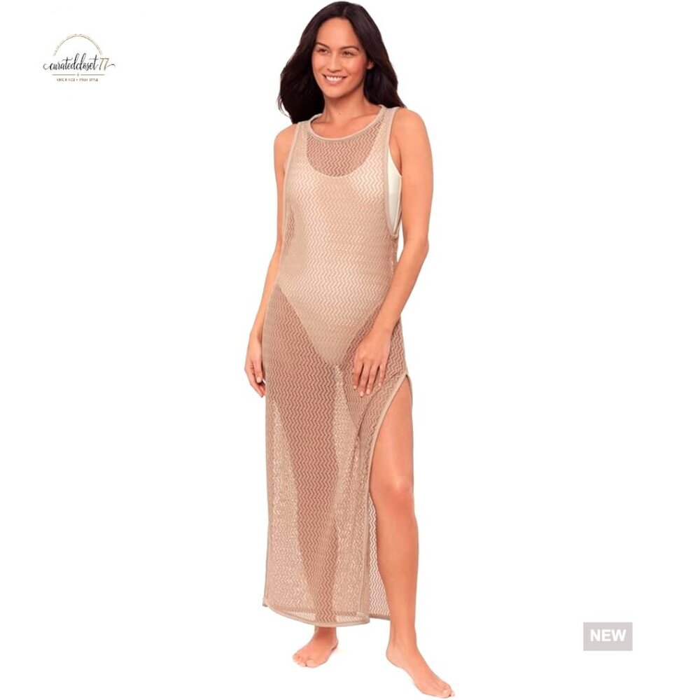 Crochet Maxi Cover Up Dress with Side Slits, Muscle Sleeves, Lightweight